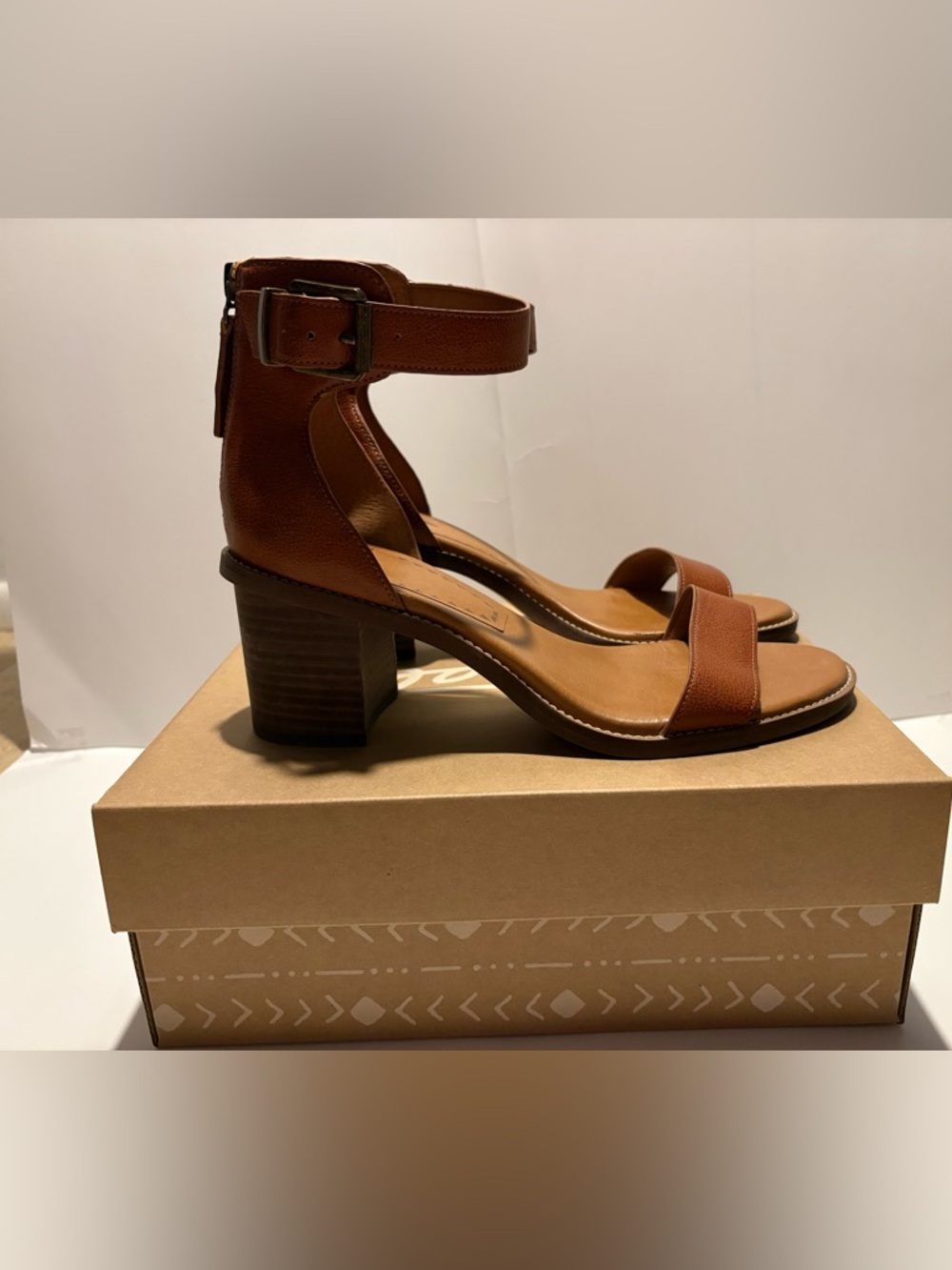 Zodiac Tan Brown Leather Ankle-Strap Block Heel Sandals